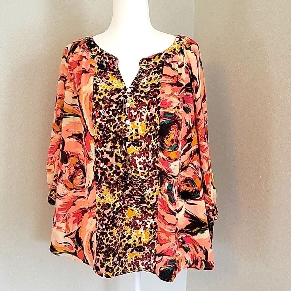 Anthropologie Fig and Flower 2x multipattern boho  flowy blouse vneck
